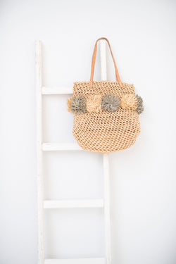 Raffia tote with flowers - Emma - Natural with grey